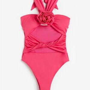 H&M Hot Pink Rosette Halter One-Piece Swimsuit